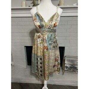 Vintage Y2K Silk Oleg Cassini Babydoll Dress Sz 6 Peacock Boho Fairy Whimsical